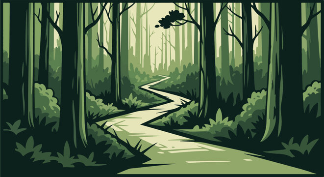 A winding, light-colored path meanders through a dense, green forest with tall trees and lush foliage