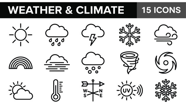 Weather and climate line icons set, 15 meteorology vector symbols, black outline storm and sun forecast graphics