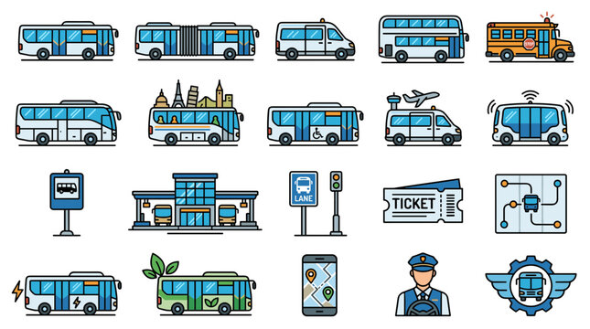 Public Transportation Bus Icon Set Collection with City Transit Vehicles, Bus Station Symbols, Tickets, Routes, and Urban Mobility Vector Designs