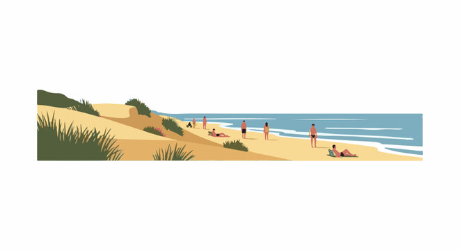 A sun-drenched beach scene with people relaxing on the sand and gentle waves lapping the shore