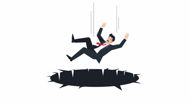 A surprised businessman in a suit falls into a dark, jagged hole in the ground