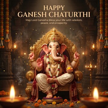 Lord Ganesha seated on ornate golden throne adorned with garlands and illuminated by diyas during Ganesh Chaturthi festival celebrations
