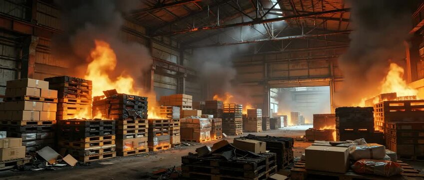 Massive warehouse fire with burning pallets and thick smoke inside industrial storage facility