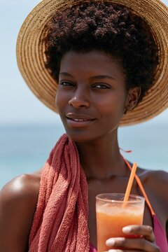 Close-up portrait of woman on summer beach with straw hat and tropical cocktail for banner and background design