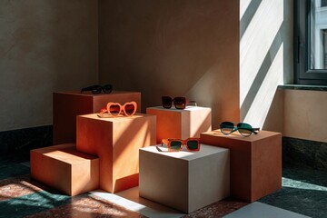 Fototapeta premium Multiple stylish sunglasses on stacked cubed pedestals in dramatic window light for summer product banner and retail display design