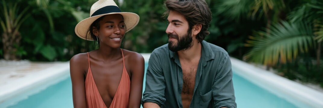 Smiling multicultural couple by tropical pool with woman in straw hat and plunging dress for summer banner and travel lifestyle promotion