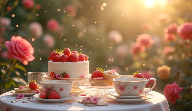 Elegant strawberry dessert tea table in blooming garden with warm sunlight and romantic luxury atmosphere