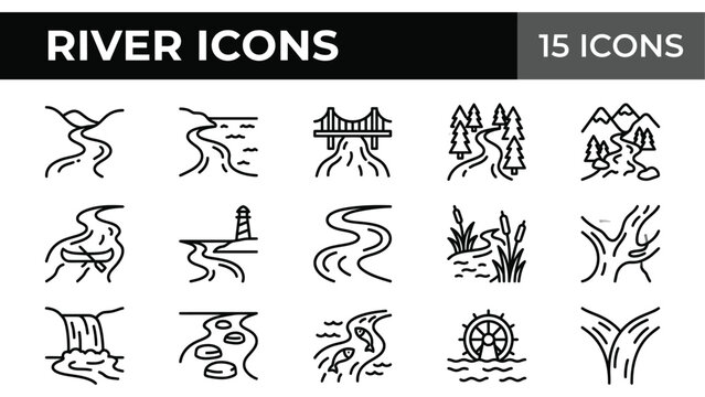 River icons set of 15 line vector elements, water stream and nature landscape symbols, outdoor adventure map signs