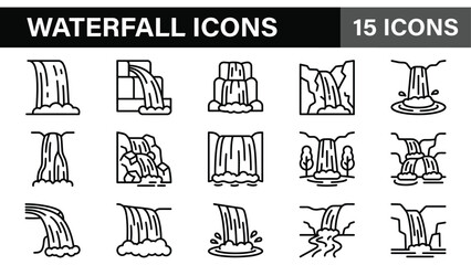 Waterfall icons set, 15 linear nature symbols, black outline water cascade vector elements for landscape design apps © @ahmedmaynul