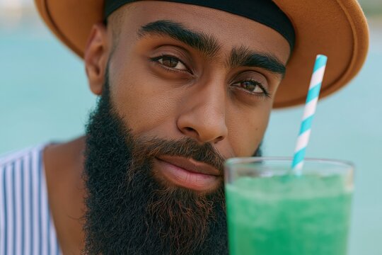 Portrait of bearded man with straw and green frozen drink for summer poster and tropical background