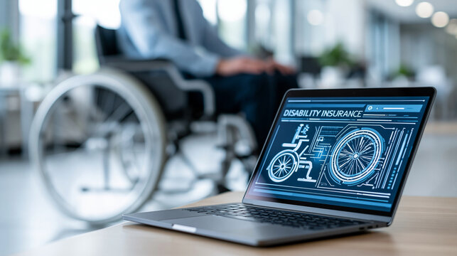 Close-up of a digital disability insurance coverage displayed on a laptop with a wheelchair in background, disability insurance concept, laptop coverage photography, accessibility
