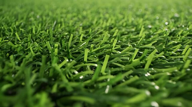 Closeup view of lush green artificial turf blades with dew drops.