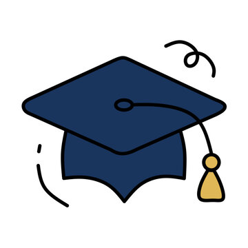 Navy blue graduation cap mortarboard with yellow tassel tossed in the air with doodle motion lines in hand drawn style, celebration of academic success cartoon icon vector illustration