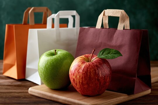 Assorted paper shopping bags with green and red apples on cutting board for retail packaging and product display background