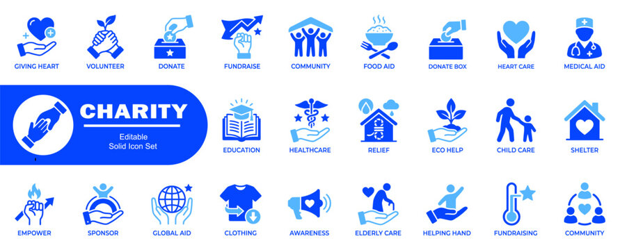 Charity solid icon set featuring giving heart volunteer fundraise community food aid medical aid child care and shelter service icons.