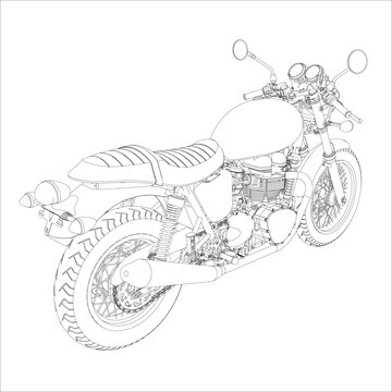 Right Rear Three Quarter Isometric View of Vintage Scrambler Custom Motorcycle with Twin Cylinder Engine Technical Blueprint