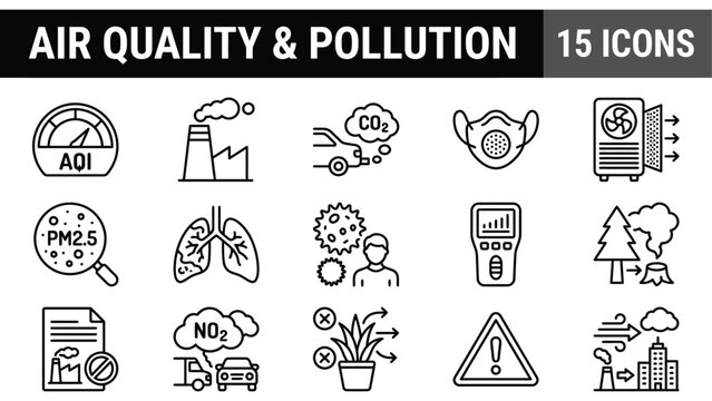 Air quality and pollution icon set, 15 environmental line icons, carbon emissions and smog vector symbols for ecology