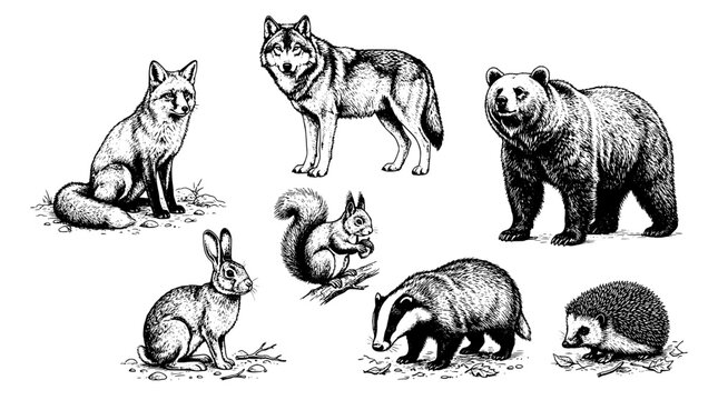 Animals wildlife sketches set featuring foxes, bears, hedgehog and wolf in vintage engraving style on white background