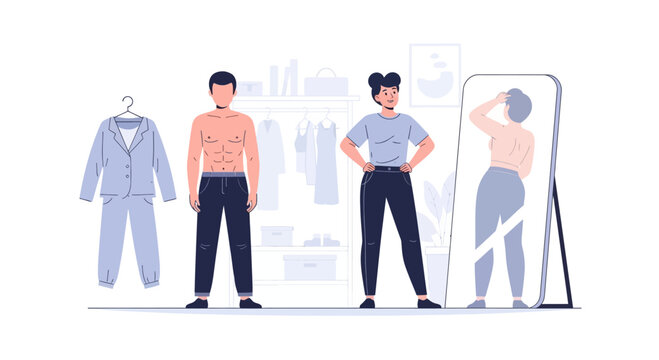 Diverse people trying on clothes in a modern dressing room, self-expression and fashion choices