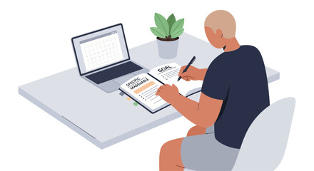 Naklejka premium Man writing goals in notebook at desk with laptop, planning and productivity concept