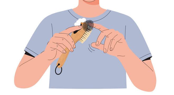 Person's hands cleaning a brush with foam, close-up, hygiene concept