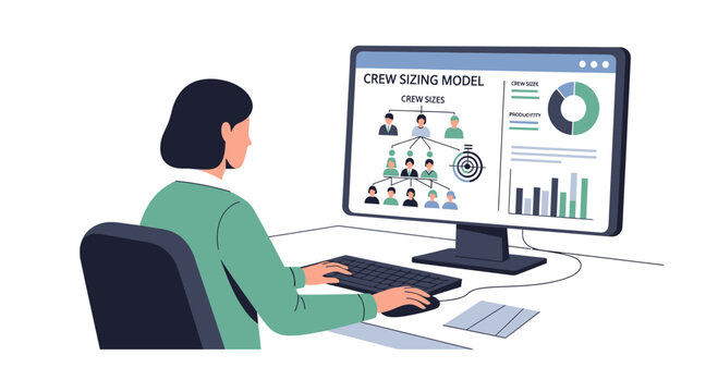 Woman analyzing crew sizing model on computer screen with charts and diagrams