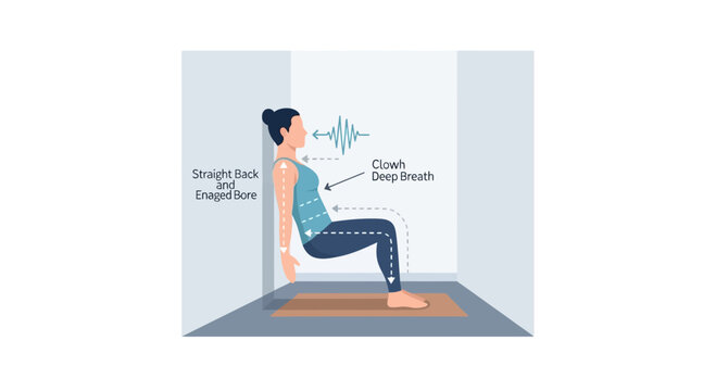 Woman doing wall sit exercise with deep breathing for relaxation and fitness