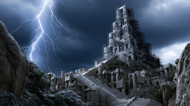 Ancient tower storm lightning ruin stone staircase dark sky dramatic fantasy apocalypse abandoned tower of babel mountain rock fortress structure architecture cloud thunder weather landscape night