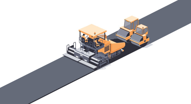 Asphalt paving machine and rollers compacting new road surface construction