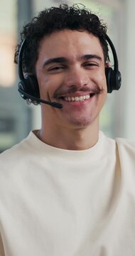 Face, headset and man in call center for telemarketing, lead generation and about us in office. Smile, portrait and sales consultant in workplace for telesales, outbound marketing and confidence