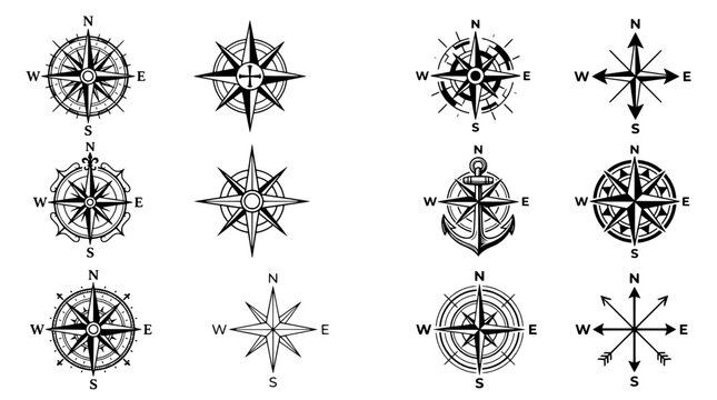 Compass rose nautical navigation icons set with cardinal directions, compass needle, and etched linework