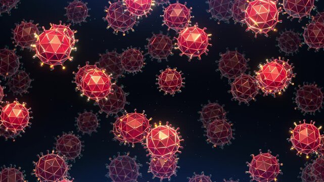 Virus Cells Floating on a Blue Background &ndash; Seamless Animation Loop. Microscopic pathogen and infectious disease concept for healthcare, virology, medical research and microbiology.