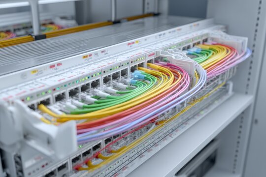 Fiber Optic Patch Panel with Colorful Network Cables in Equipment Room