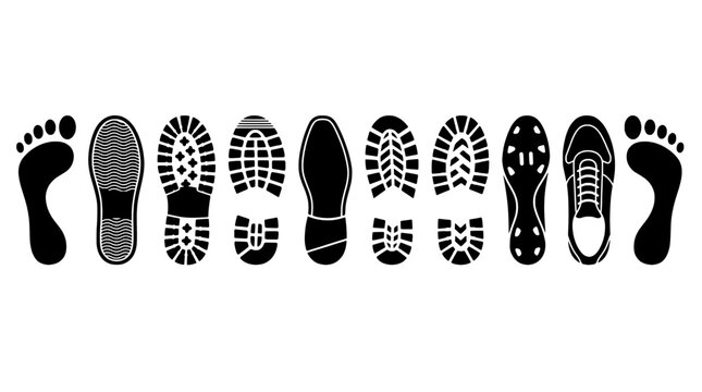 Footprints and shoe prints set with various patterns and designs featuring black, white, vector with icons and footwear elements for soles, treads