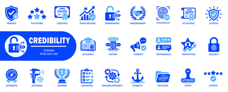 Professional credibility and brand trust icon set featuring symbols for transparency compliance history reputation and process integrity.