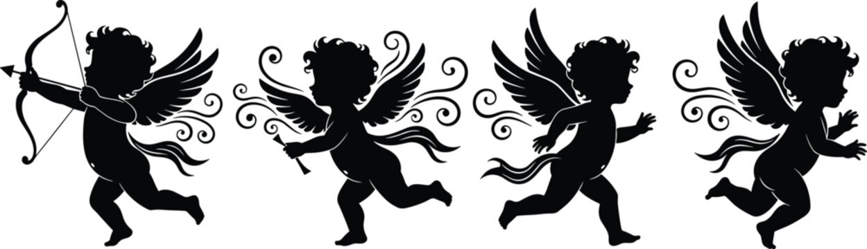 Set of Cute Cupid Silhouettes with Bow and Arrow for Valentine Day Romantic Decorations and Love Themed Graphic Design