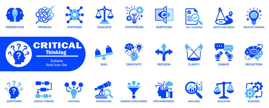 Critical thinking and cognitive analysis vector icon set illustrating perspective problem solving synthesis and logical reasoning skills.