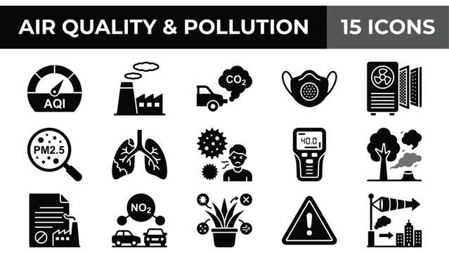 Air quality and pollution icon set, 15 black vector icons for environment and smog, industrial emission symbols