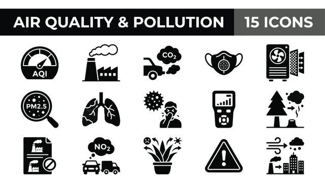 Air quality and pollution icon set, 15 black vector icons for environmental health, smog and carbon emission symbols