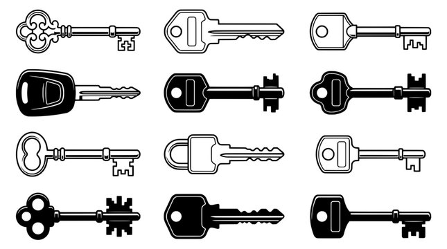 Keys and tactical knives icon set with realistic outlines, isolated on white for security, law enforcement and survival concepts