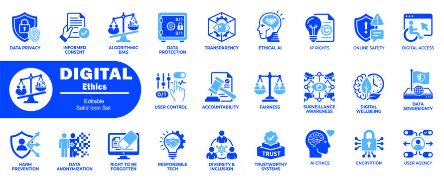 Digital ethics editable solid icon set, including data privacy, informed consent, algorithmic bias, data protection, transparency.