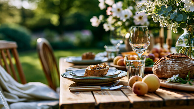 A bright outdoor table is set for a soft meal with plates glasses bread fruit and flowers standing on a calm green lawn in sunny daylight outdoor dining faceless still
