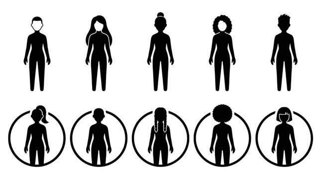 Silhouette woman icon set with diverse hairstyles and body shapes, vector style for avatar, profile, and UI design