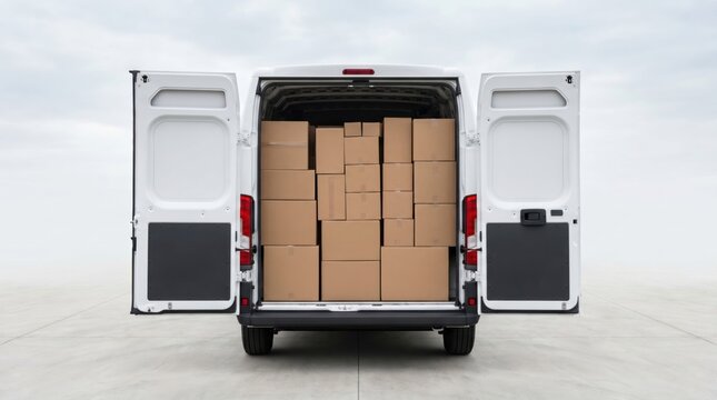 Delivery Van with Open Doors Full of Cardboard Boxes.