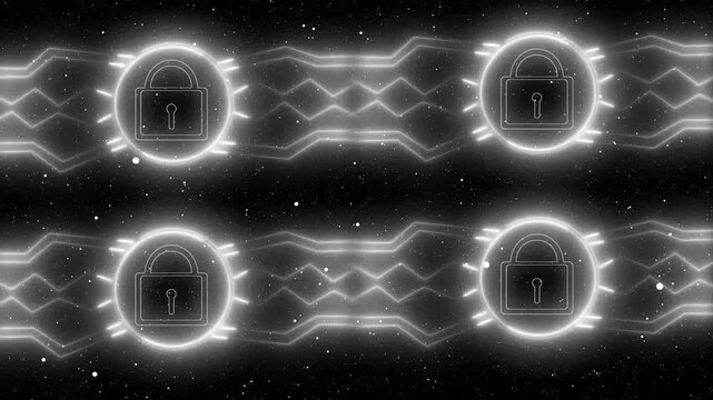 Four white padlock security symbols in cosmic background. Cybersecurity padlocks for digital cloud server database protection. Digital padlock animation for computer safety.