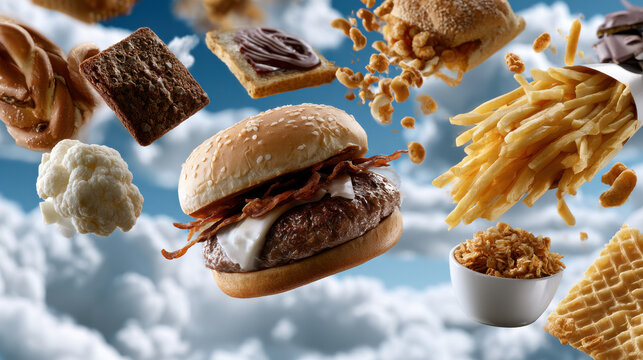 Flying food burger bacon cheese french fries waffle cookie dessert fast food snack floating cloud sky blue dreamy fantasy surreal creative concept indulgence crispy crunchy sweet savory meal lunch