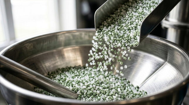 Assortment of uniform pale green pellets poured into a metallic basin for commercial food preparation or animal nutrition study