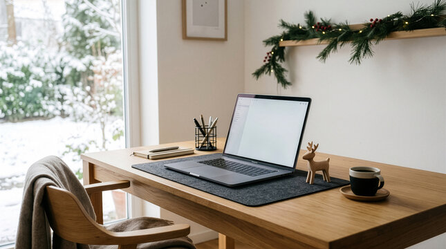 Minimalist Home Office Setup with Open Window and Cozy Scandinavian Design