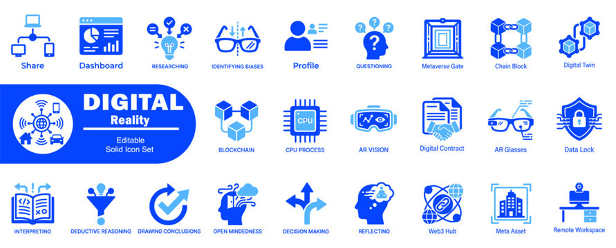 Digital reality icons set. Share dashboard researching identifying biases profile questioning metaverse gate chain block digital twin editable solid vector.