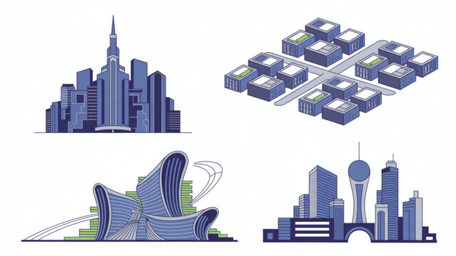 Futuristic Cyberpunk City Skyline Vector Set with Sci Fi Skyscrapers Smart Urban Architecture and Digital Metropolis Landscapes